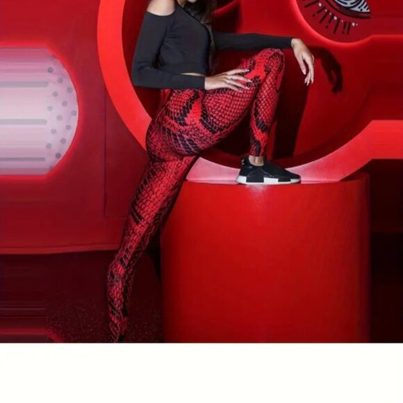 Red Snake Print Legging Pants (Color: Brick Red) - Picture 3 of 4